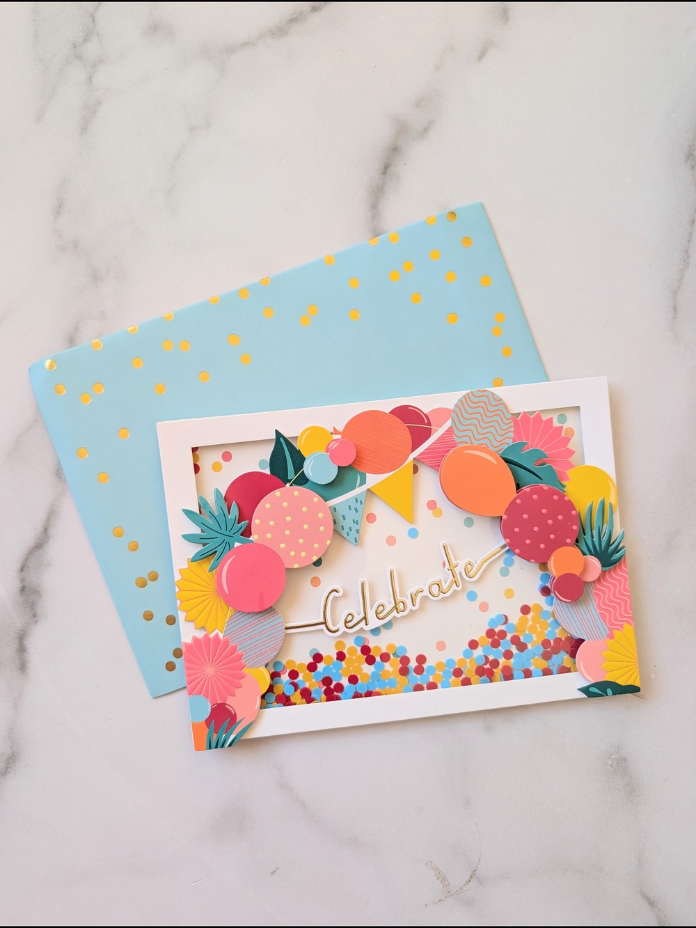 Celebrate Pop-Up Confetti Card in Pastel Pink, Coral, Yellow & Teal